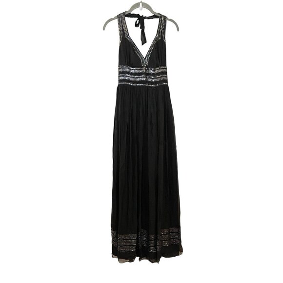 Vintage Beaded Adrianna Papell Evening Sequin 100% Silk Y2K Black Halter Maxi 4